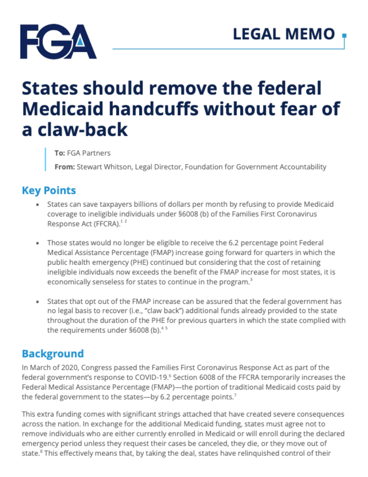 FGA Legal Memo: States Should Remove the Federal Medicaid Handcuffs Without Fear of a Claw-Back
