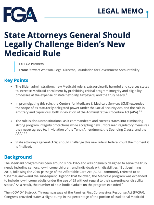 FGA Legal Memo: State Attorneys General Should Legally Challenge Biden’s New Medicaid Rule