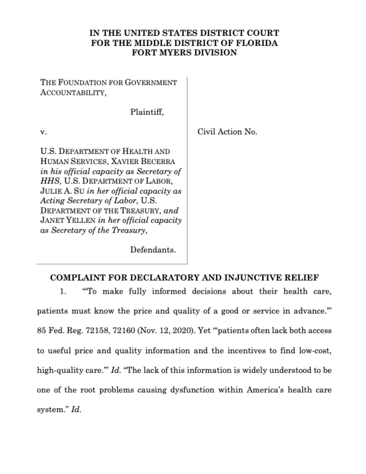 FGA Lawsuit Filed in Federal Court Against Biden Officials to Enforce Drug Price Transparency Rule