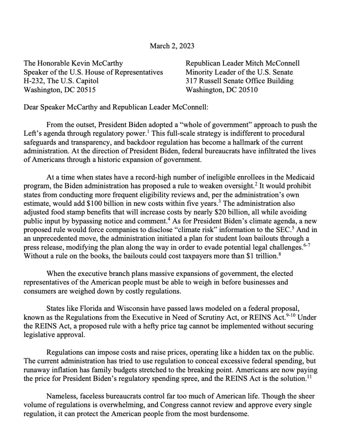 FGA Coalition Letter to Congressional Leadership on the REINS Act