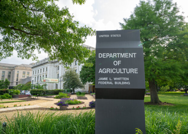Washington DC - May 9, 2019: Sign for the US Department of Agriculture Jamie L Whitten Federal Building, located on the National Mall area, USA